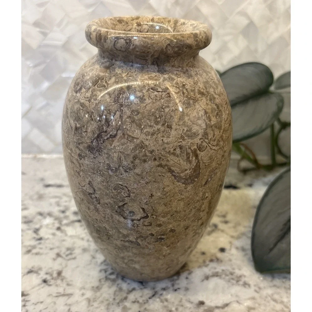 Pier One Tan Solid Stone Vase Fossilized Architectural Decor Office Brutalist‎